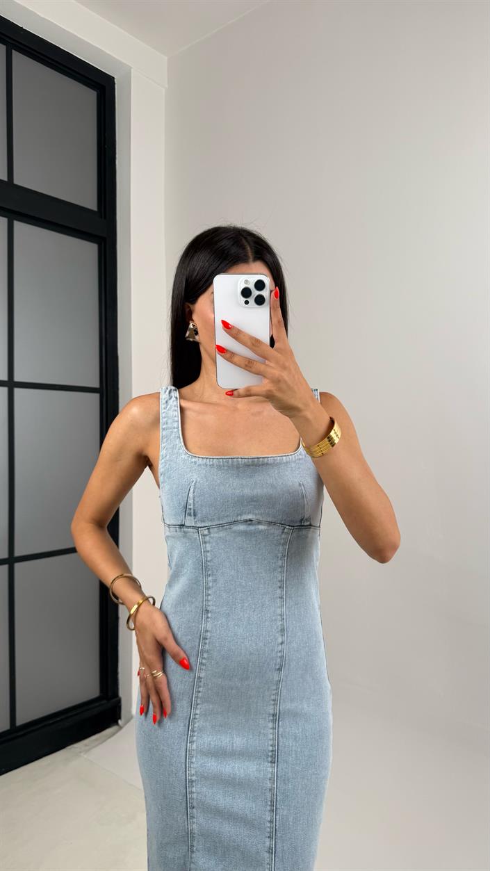 Buz Mavisi Yırtmaç Detaylı Denim Elbise Gaus00693