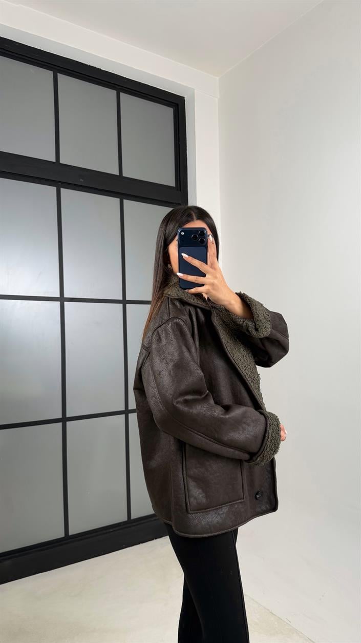 Haki İçi Kürk Detaylı Cepli Süet Mont GAUS-00631