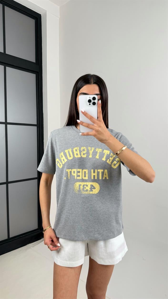 Gri Yazılı Basic Tshirt Gaus00417