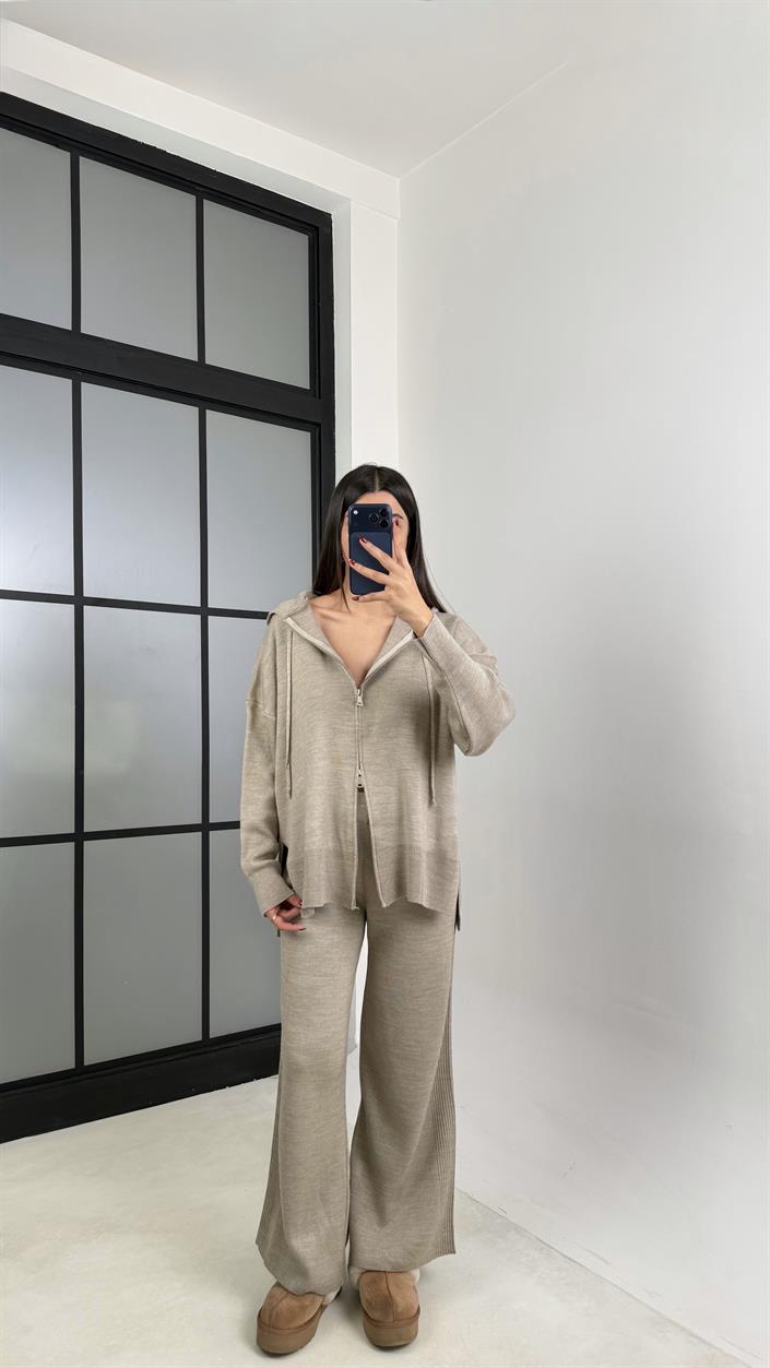 Vizon Çift Fermuarlı Kapüşonlu Hırka Beli Lastikli Pantolon İkili Triko Takım GAUS-00676