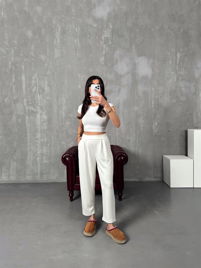 Weld Ekru Arkası Lastikli Cepli Harem Pantolon