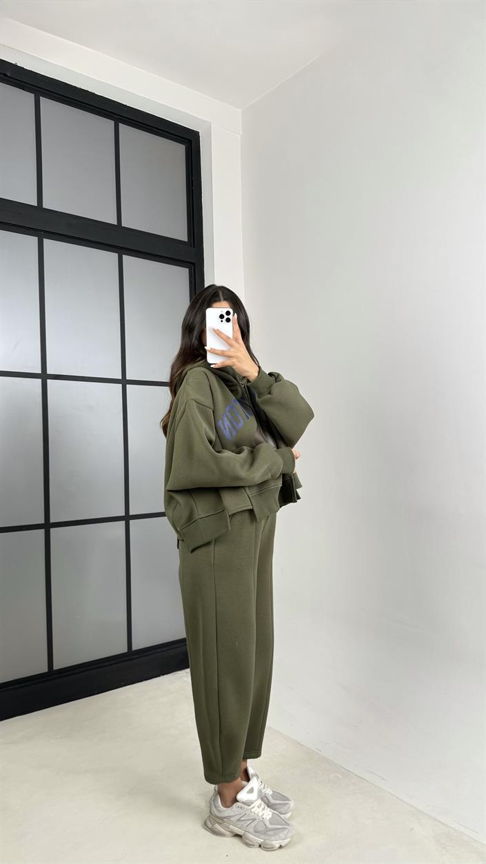 Haki Kapüşonlu Sweatshirt Beli Lastikli Pantolon 3 İplik Şardonlu Takım GAUS-00530