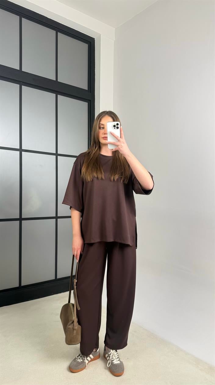 Kahve Bluz Beli Lastikli Pantolon Modal Kumaş Basic Takım GAUS-01132