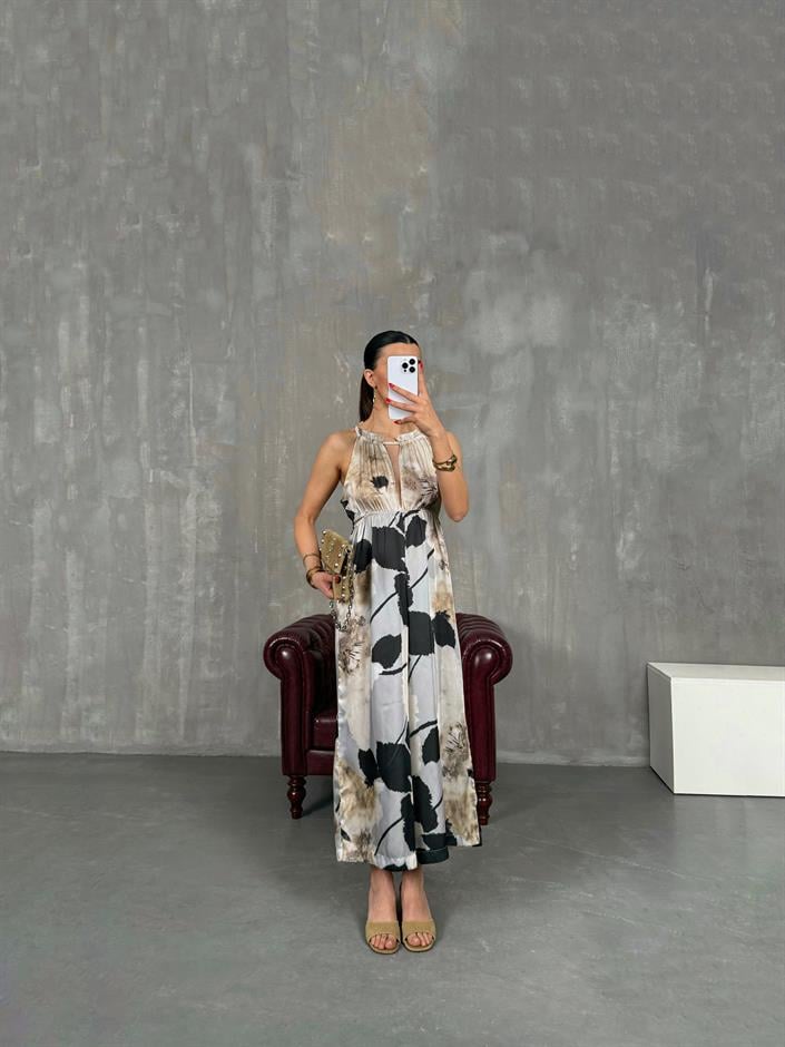 Siyah Desenli Sırt Dekolteli Beli Lastikli Saten Tulum Gaus00209