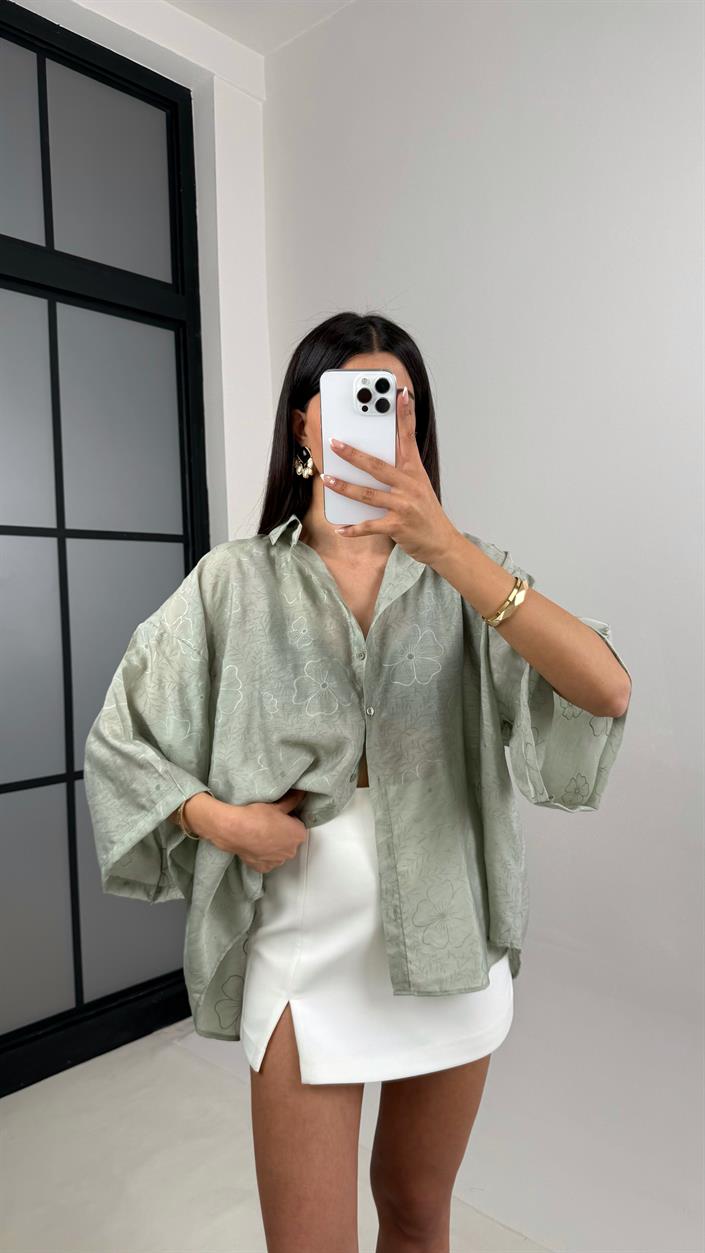 Yeşil Çiçek Desenli Tencel Gömlek Gaus00544