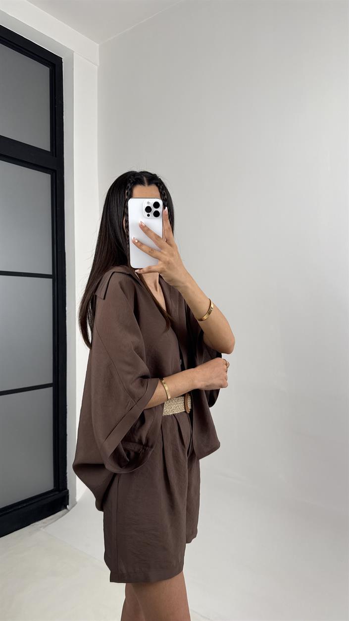 Kahve Gömlek Hasır Kemerli Şort İkili Tencel Takım Gaus00559