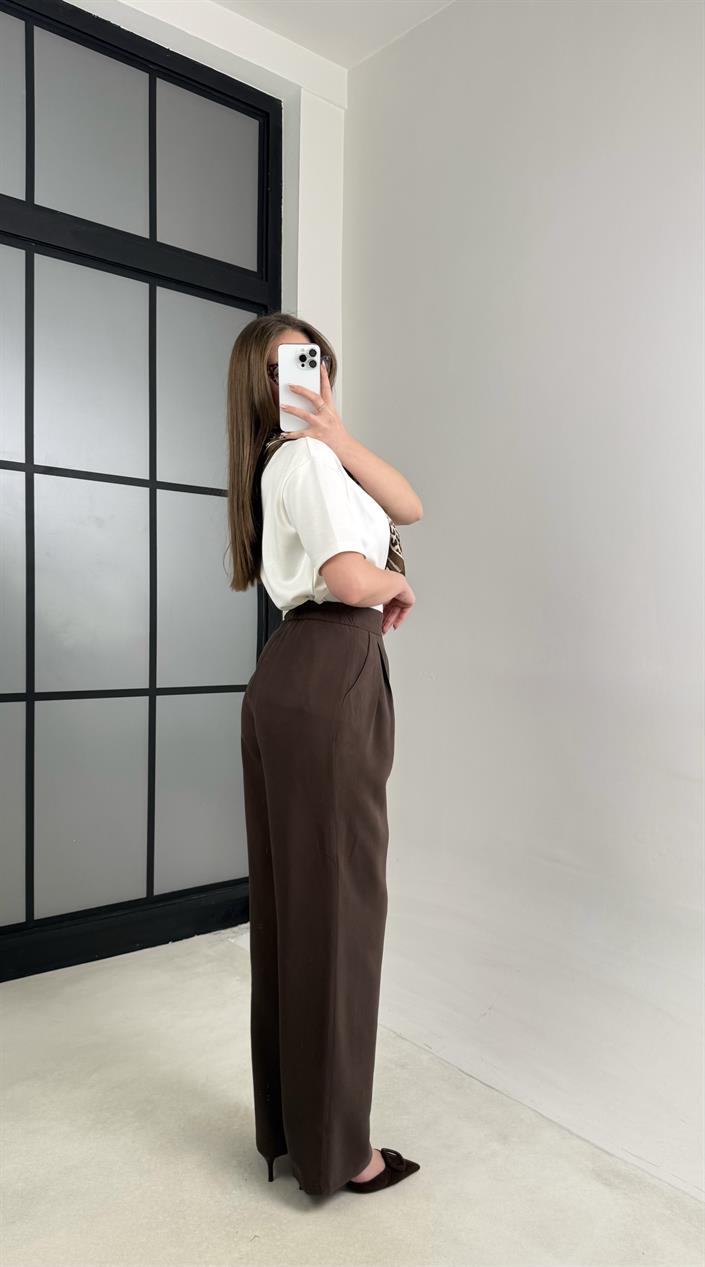 Acı Kahve Beli Lastikli Pile Detaylı Tencel Pantolon GAUS-00995