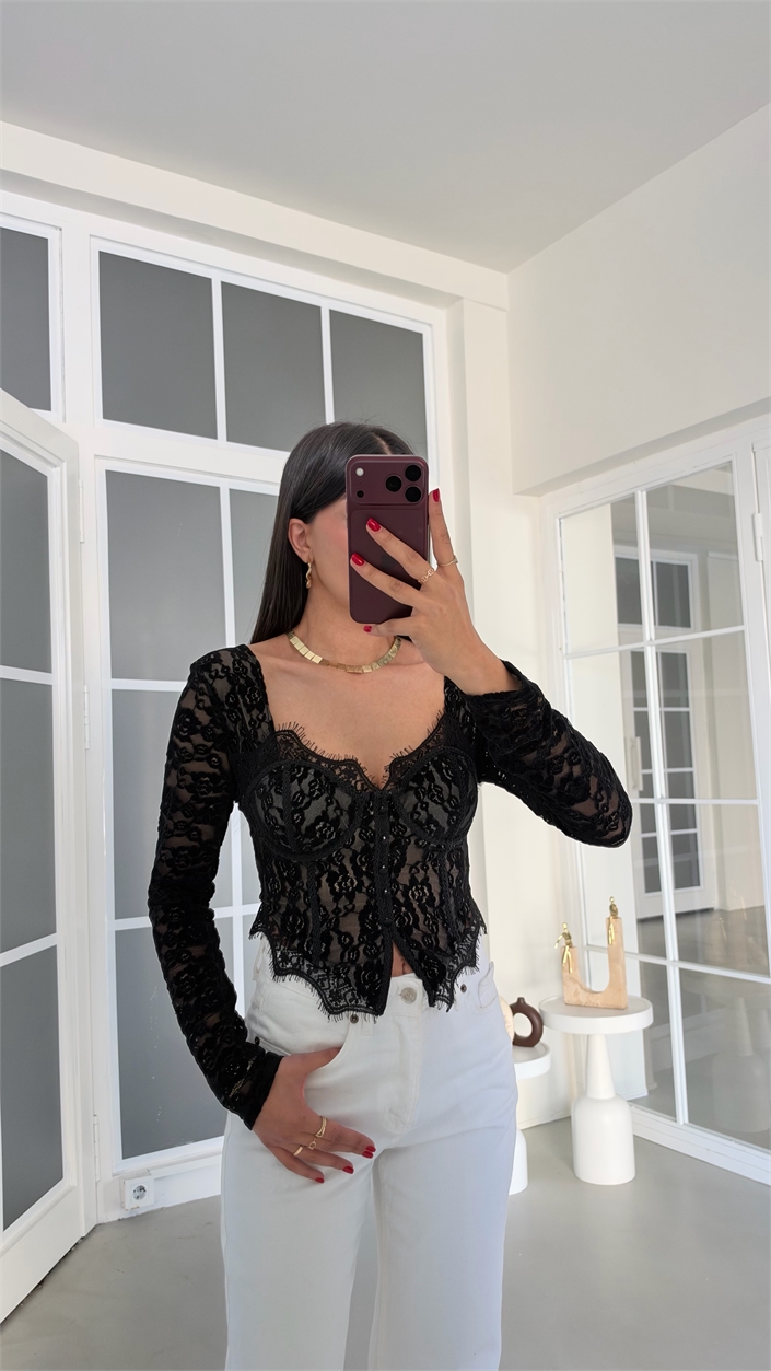 Siyah Dantel Detaylı Premium Korse Bluz GAUS-02281