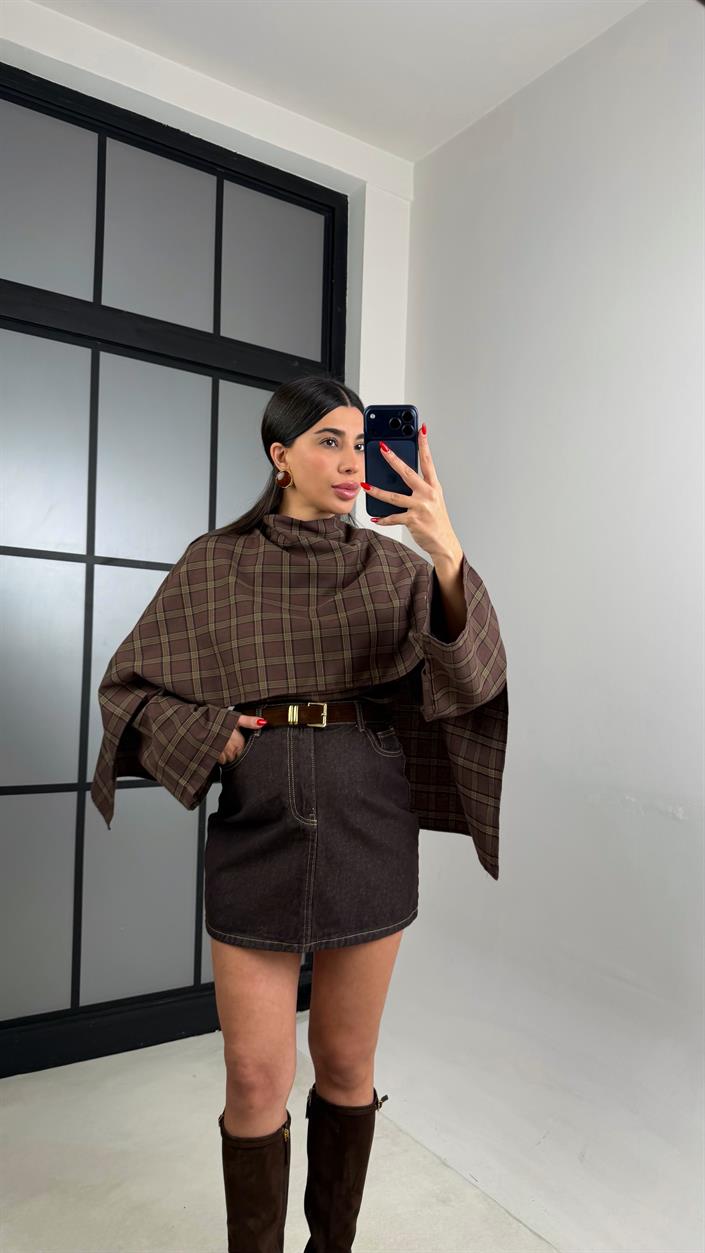 Kahve Kemerli Mini Denim Etek GAUS-01042