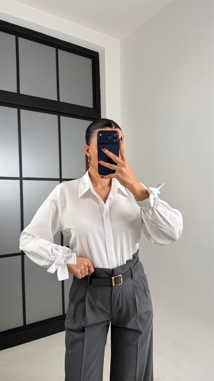 Beyaz Kol Kurdele Detaylı Gömlek GAUS-00680