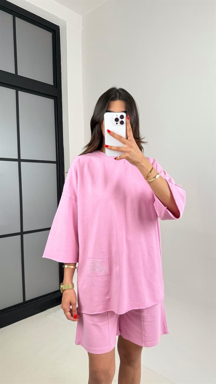 Pembe Eskitme Desenli Taş Yazılı Şortlu Takım Gaus00482