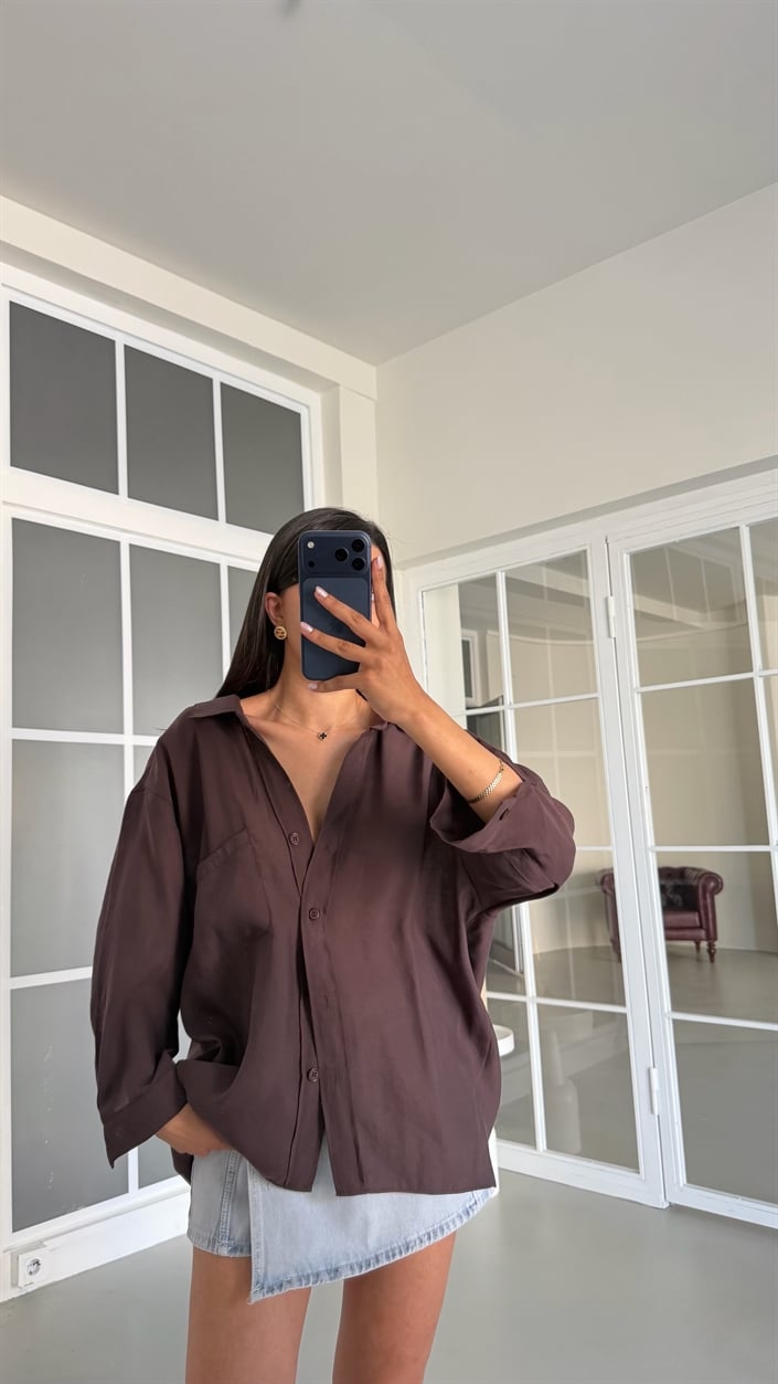 Kahve Oversize Tencel Gömlek GAUS-01698