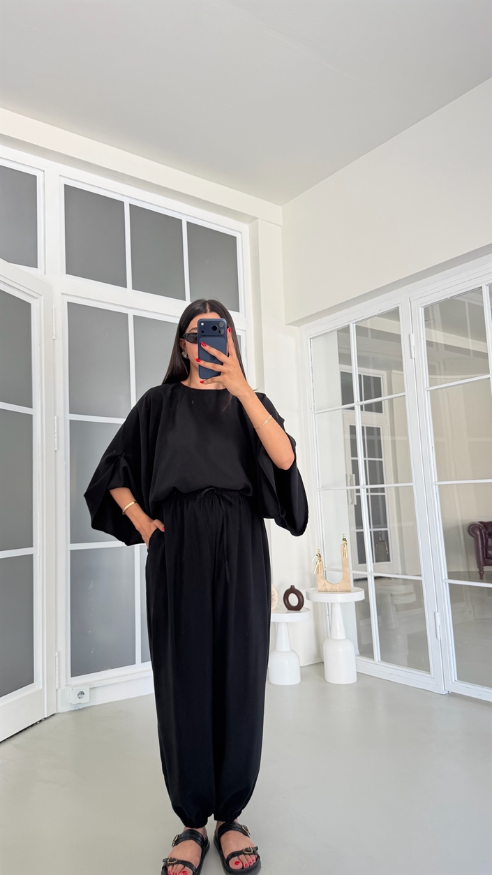 Siyah Yarasa Kol Bluz Beli Lastikli Şalvar Pantolon İkili Tencel Takım GAUS-01840