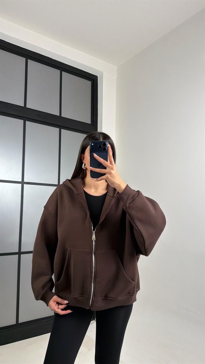 Acı Kahve Kapüşonlu Fermuarlı Şardonlu Sweatshirt GAUS-00828