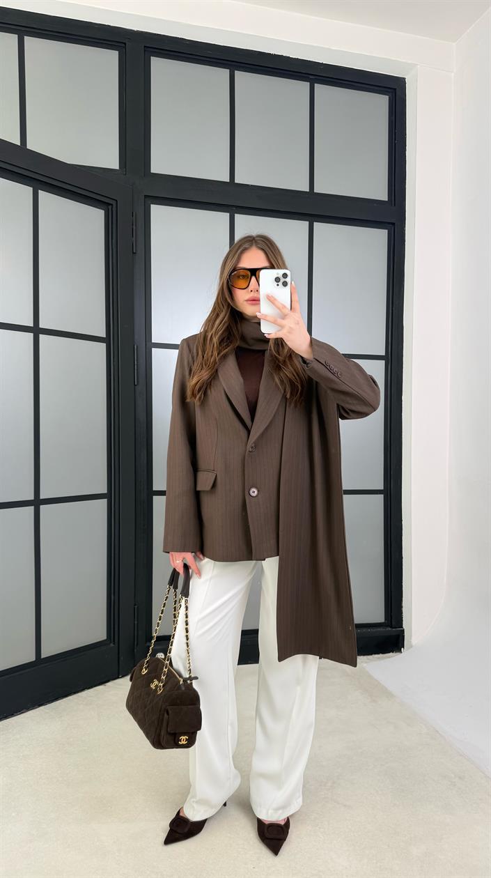 Kahve Çizgili Şal Detaylı Blazer Ceket GAUS-01167