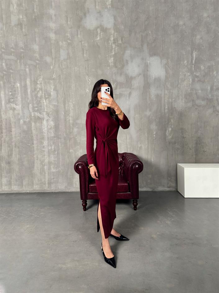 Tinky Bordo Bağlamalı Yırtmaçlı Elbise