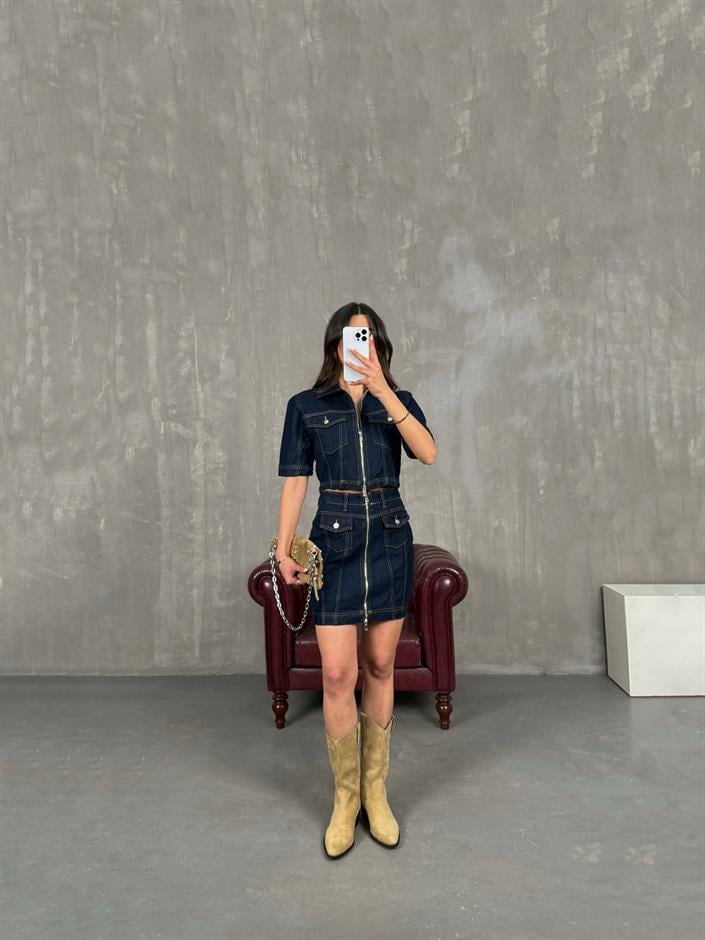 Lacivert Cepli Önü Fermuarlı Denim Etekli Takım Gaus00259