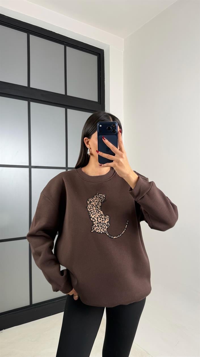 Acı Kahve Leopar Nakışlı Şardonlu Sweatshirt GAUS-00796