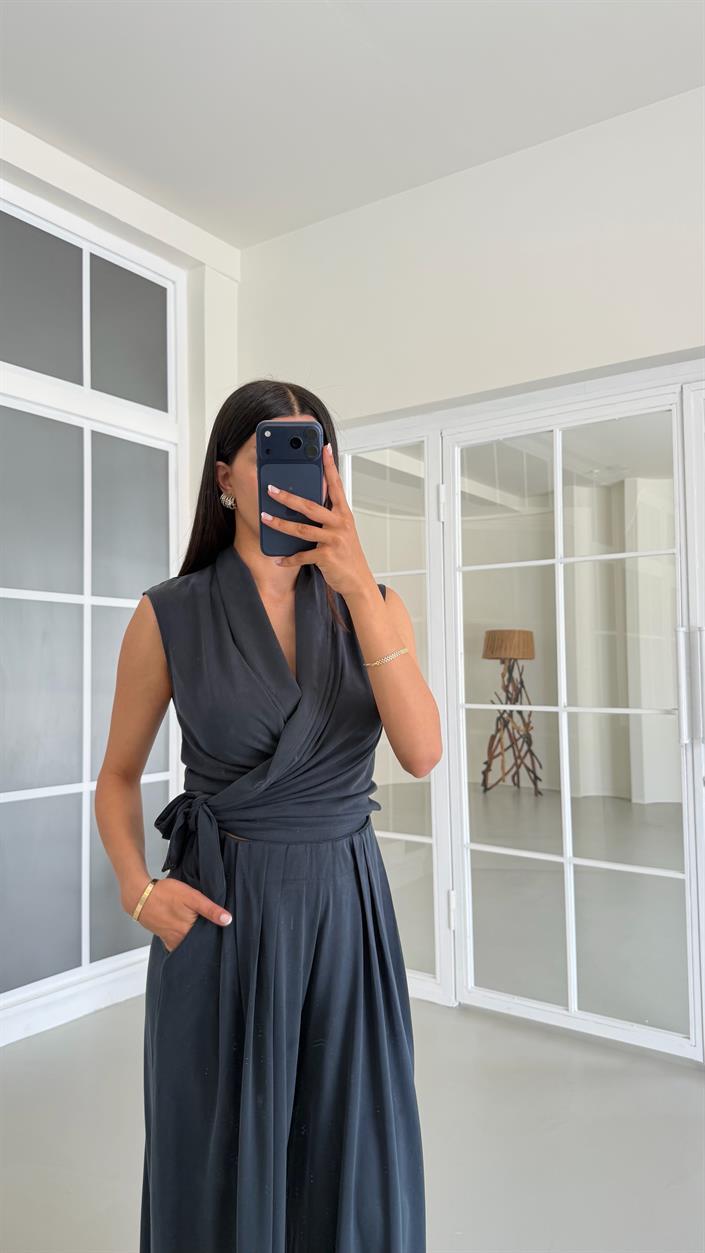 Füme OYS Model Bağlama Detaylı Bluz Beli Lastikli Pantolon İkili Modal Takım GAUS-01662