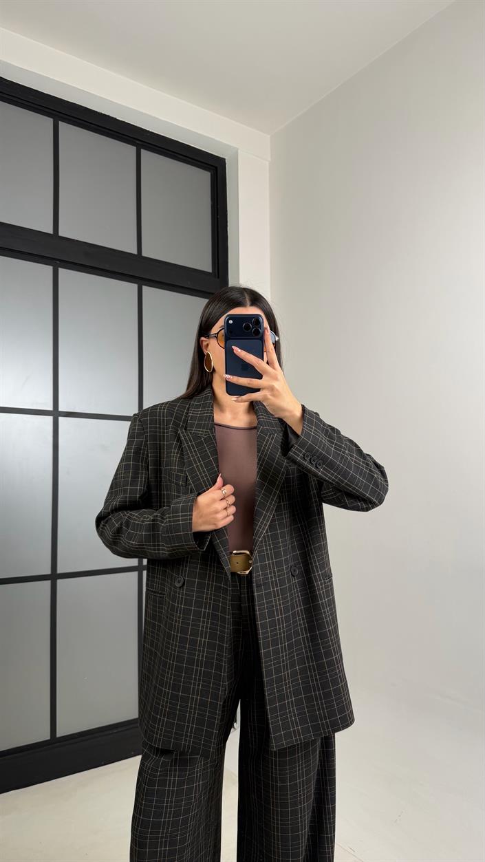 Füme Vatkalı Astarlı Kuşaklı Premium Desenli Ceket GAUS-00910