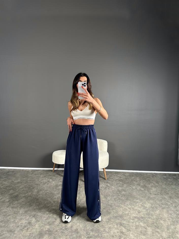 Lacivert Şeritli Çıtçıt Düğmeli Eşofman Altı