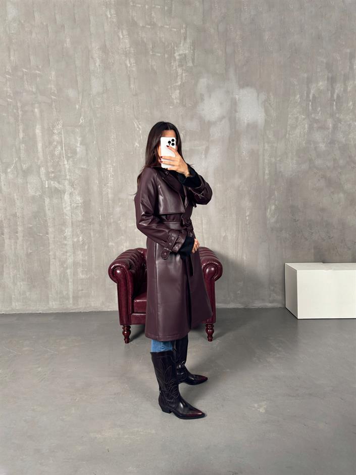 Frezya Bordo Tasarım Astarlı Deri Trençkot