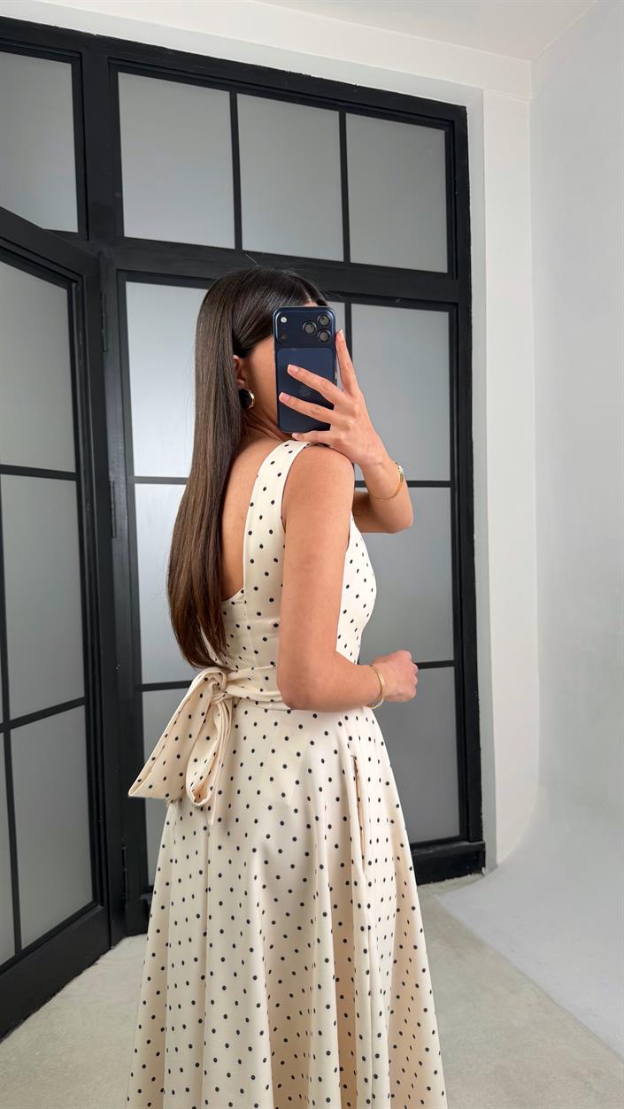 Krem Kuşaklı Puantiye Desenli Elbise GAUS-01372