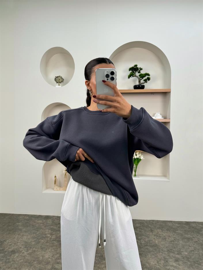 Meksa Antrasit Bisiklet Yaka Şardonlu Sweatshirt