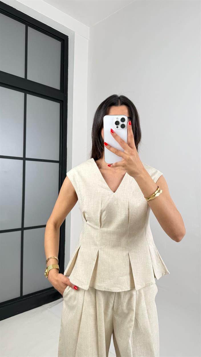 Taş V Yaka Bluz Cepli Pantolon % 100 Ham Keten Takım Gaus00483 