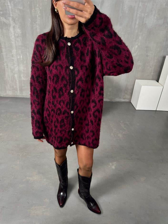 Wud Bordo Leopar Desenli Hırka
