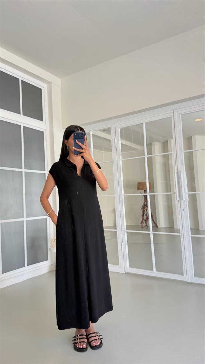 Siyah Polo Yaka Basic Modal Elbise GAUS-01542
