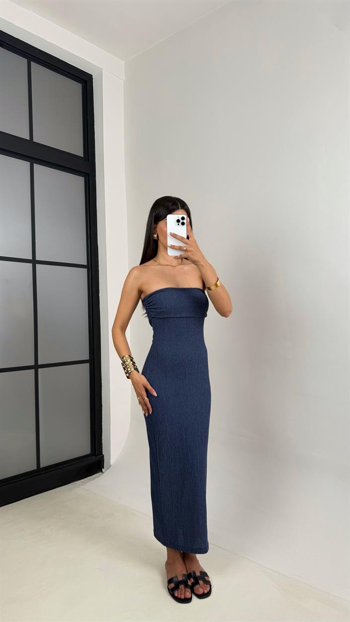 Mavi Straplez Yırtmaçlı Bürümcük Elbise Gaus00645