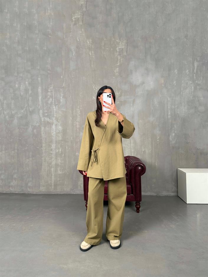 Rozali Yeşil Gabardin Kimono İkili Takım