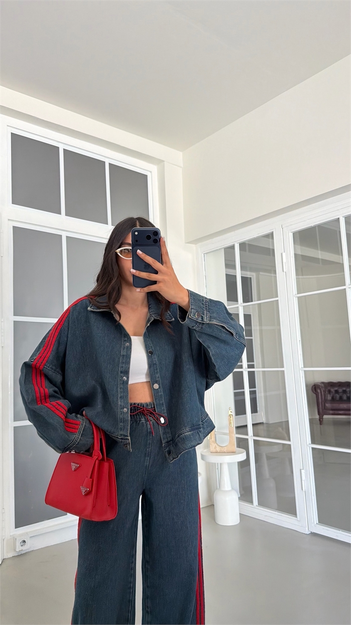 Kırmızı Şerit Detaylı Ceket Beli Lastikli Pantolon İkili Denim Takım GAUS-02094