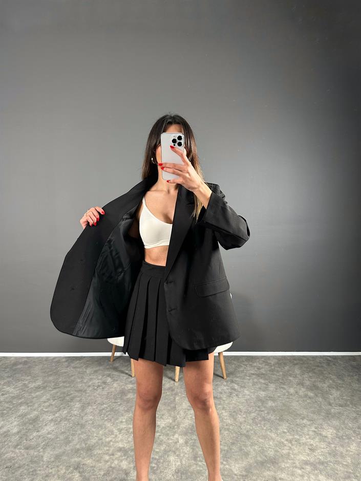 Siyah Sırt Baskılı Oversize Blazer Ceket