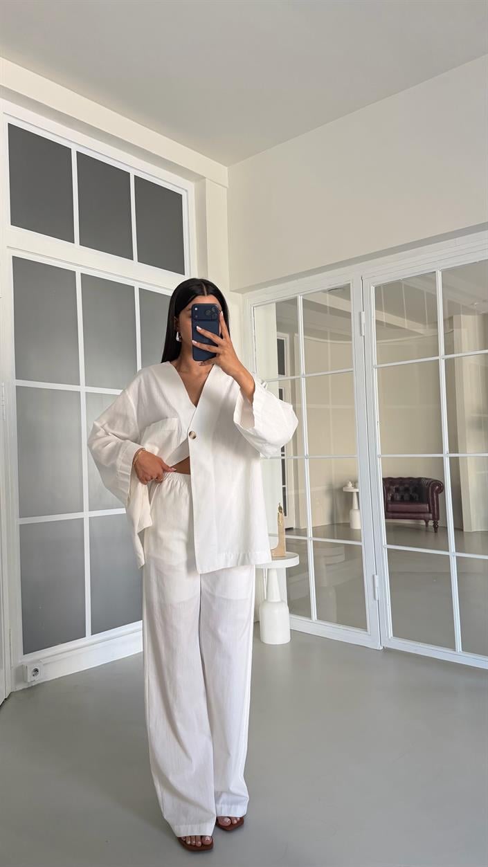 Beyaz Kimono Beli Lastikli Pantolon İkili Keten Takım GAUS-01491