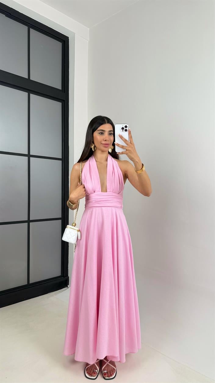 Pembe Boyundan Bağlamalı Astarlı Keten Elbise Gaus00627