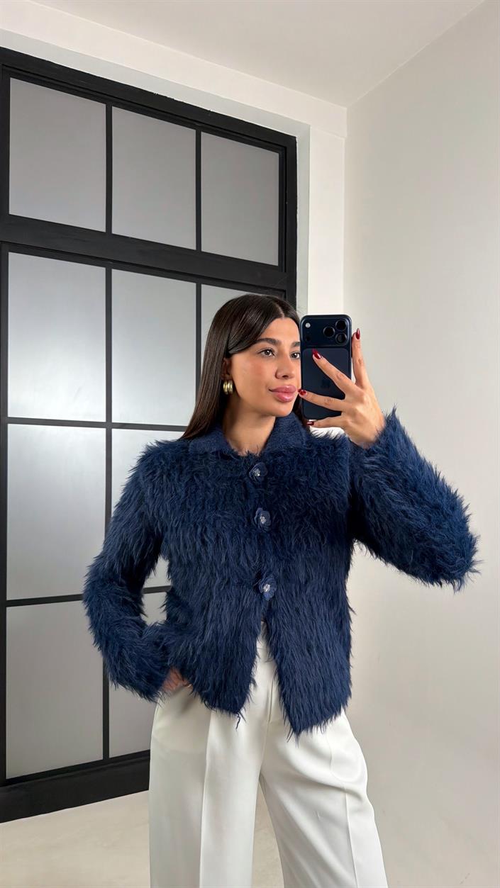 Lacivert Çiçek Düğmeli Sakallı Triko Hırka GAUS-00709