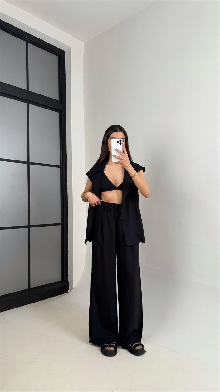 Siyah Cepli Kuşaklı Yelek Beli Lastikli Pantolon Tencel Takım Gaus00433