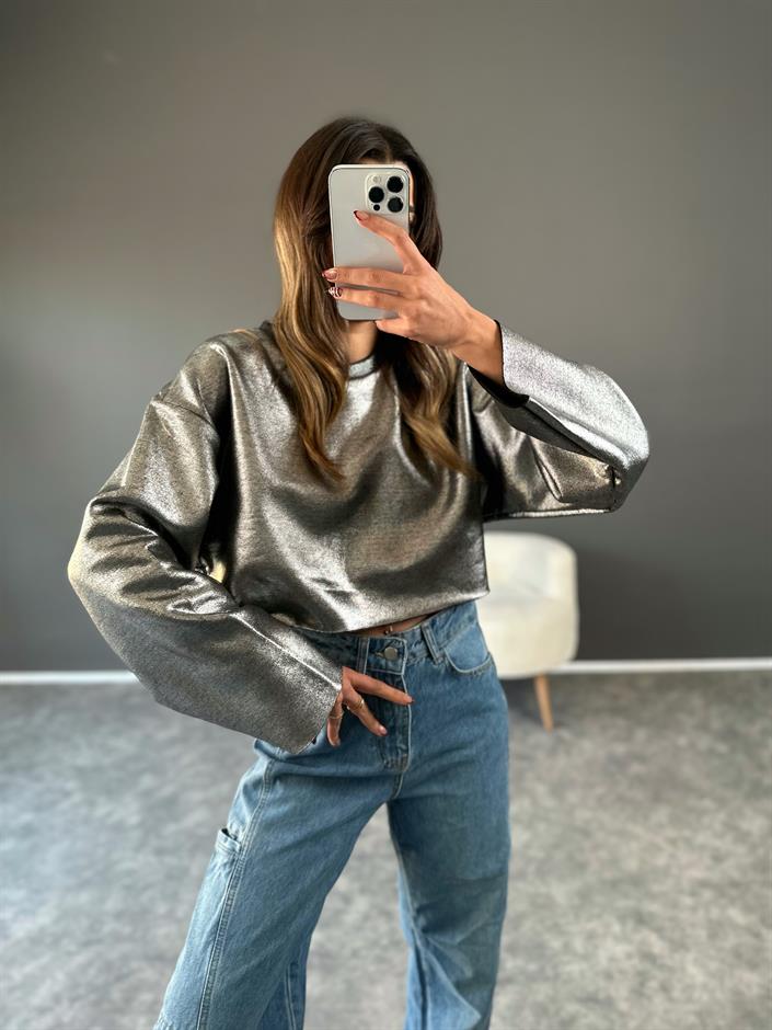 Gri Parlak Crop Şardonlu Sweat