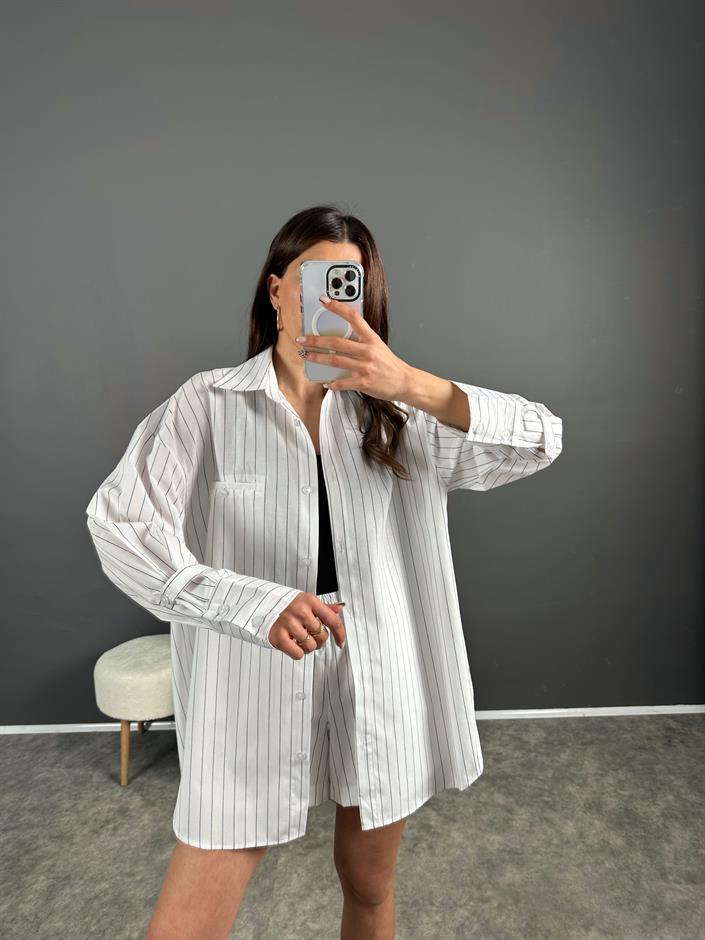 Siyah Çizgili Zr Model Şortlu Gömlek Takım