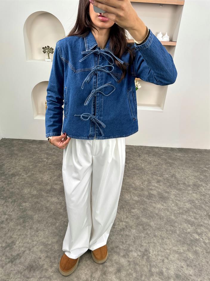 MD Mavi Bağlamalı Denim Yandan Cepli Tasarım Ceket