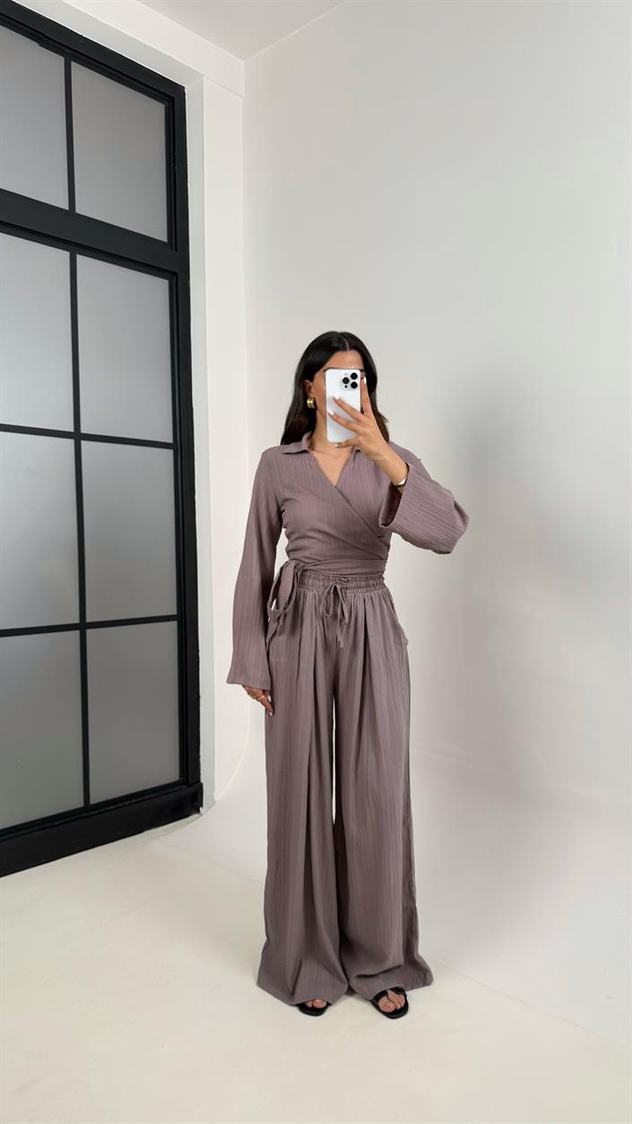 Mürdüm Bağlamalı Üst Beli Lastikli Pantolon Gofre Takım Gaus00389 