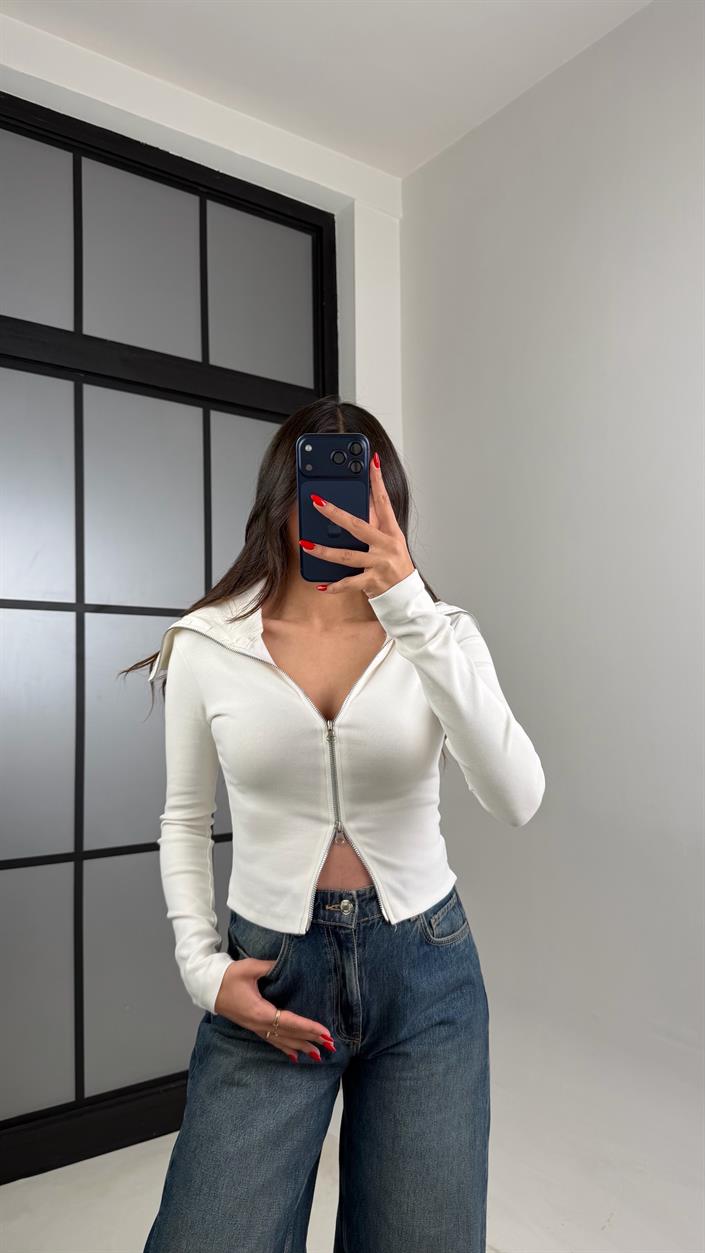 Ekru Çift Fermuarlı Bluz GAUS-00939