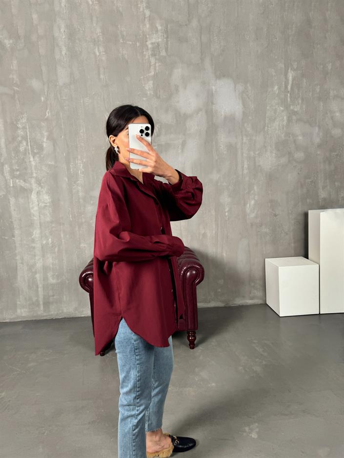 Rese Bordo Basic Gizli Düğmeli Oversize Gömlek