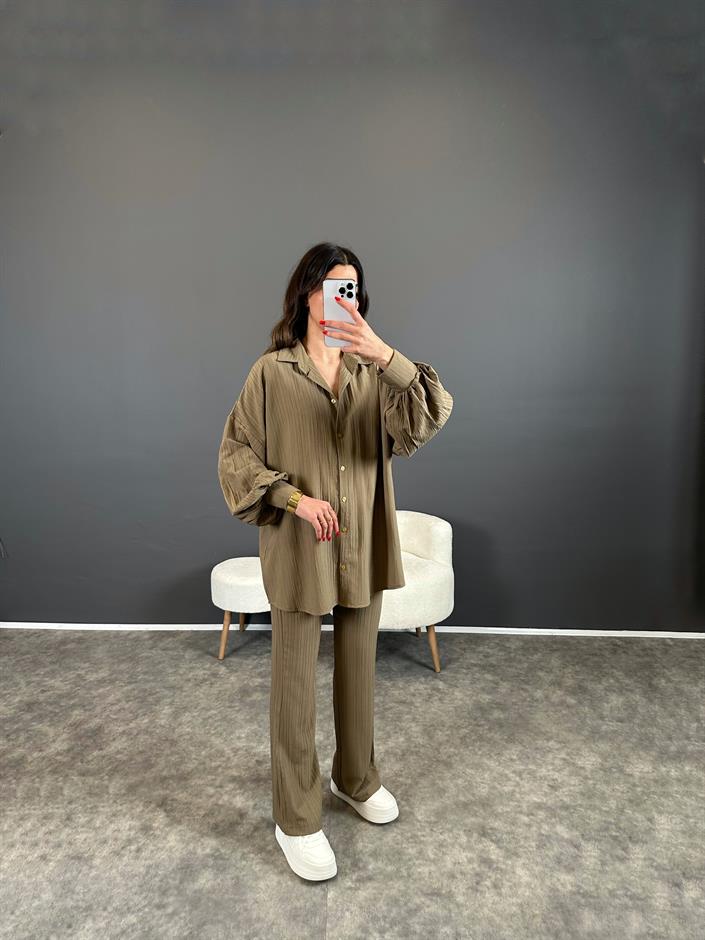 Heidy Soft Yeşil Gofre Kumaş Kemerli İkili Takım