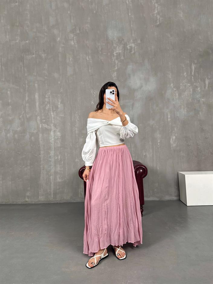 Pembe Kırışık Tül Detaylı Astarlı Etek Gaus00052