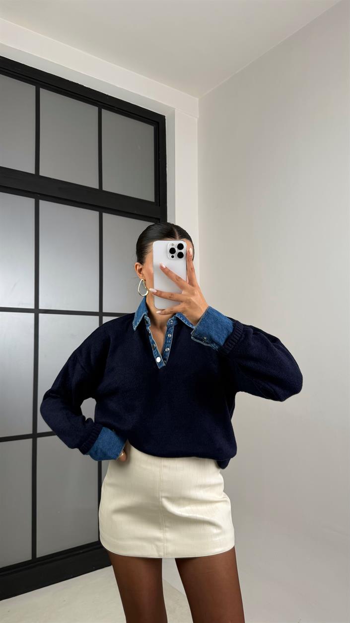 Lacivert Denim Yaka Detaylı Kazak GAUS-00507