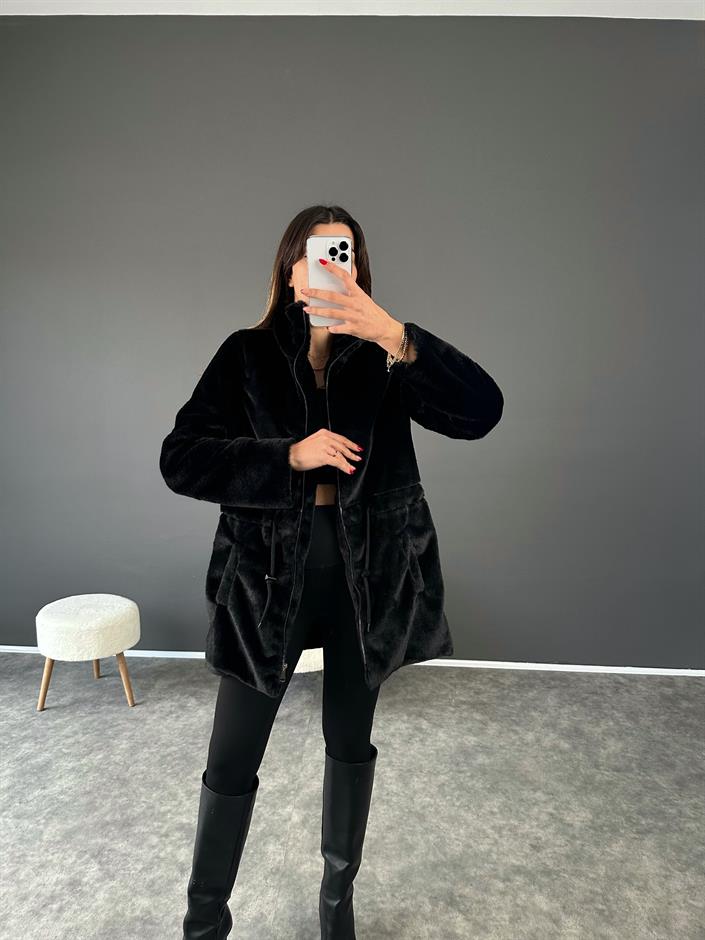 Rozy Siyah Fermuarlı  Astarlı Peluş Kürk Mont 