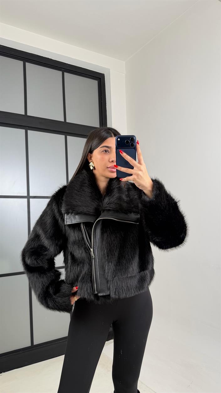 Siyah Astarlı Deri Detaylı Kürk Ceket GAUS-01017